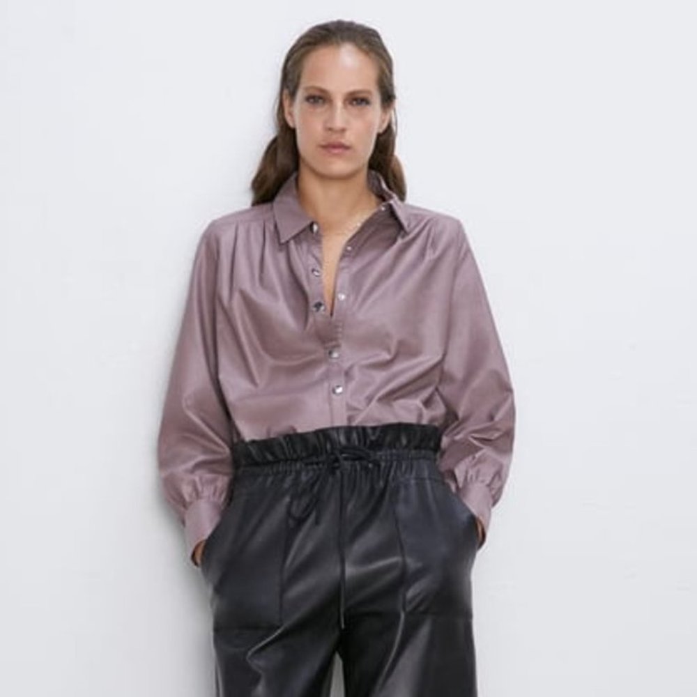 NWT Zara Faux Leather Smocked Blouse